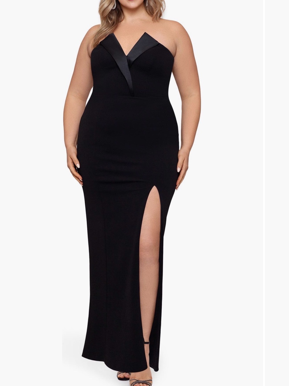 Betsy & Adam Black Strapless Gown with High Side Slit
